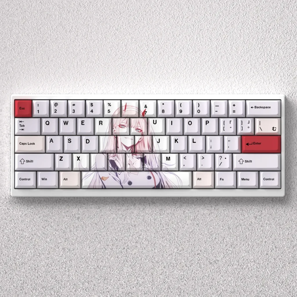 Iconic Zero Two PBT keycap set with vibrant pink and white dye-sub legends, showcasing the Darling in the Franxx anime aesthetic.