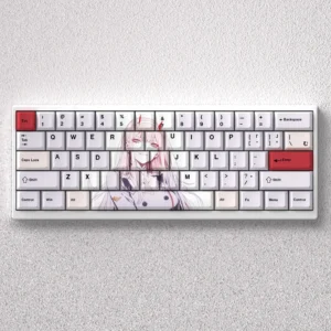 Iconic Zero Two PBT keycap set with vibrant pink and white dye-sub legends, showcasing the Darling in the Franxx anime aesthetic.