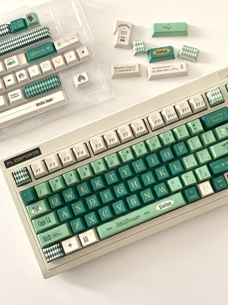 Alhaitham Keycaps: Scribe's Elegance full set, showcasing premium green, grey, and gold with intricate Scribe motifs from various angles.