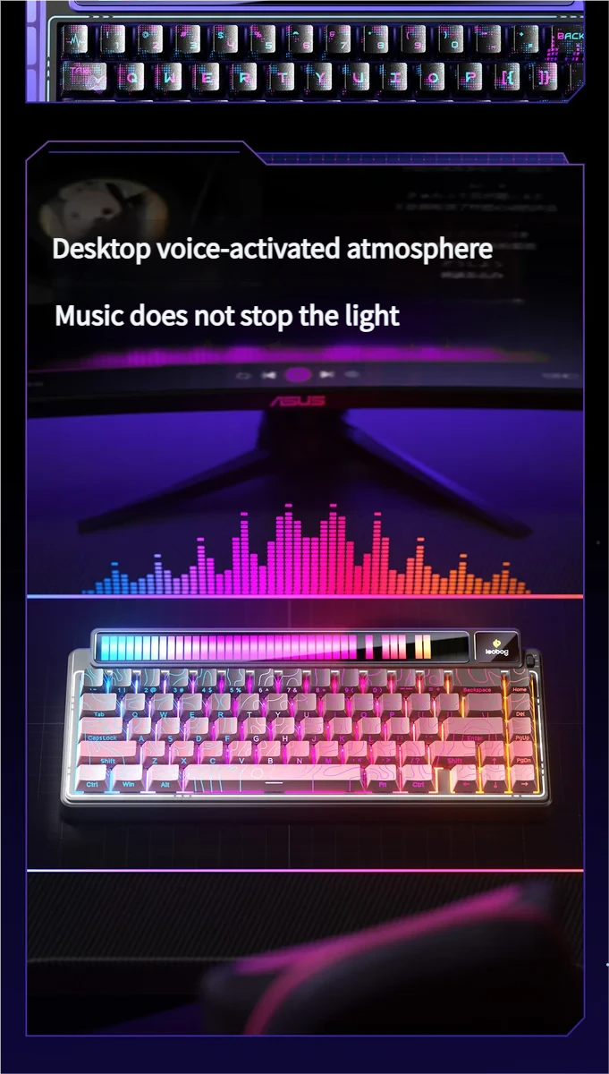 Multiple views of the premium AMG65 Smart Screen Tri-Mode Mechanical Keyboard, showcasing its interactive display, sleek design, and vibrant RGB lightning.
