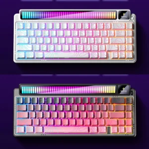 AMG65 tri-mode mechanical keyboard showcasing its interactive smart screen and sleek, modern aesthetic with vibrant RGB.