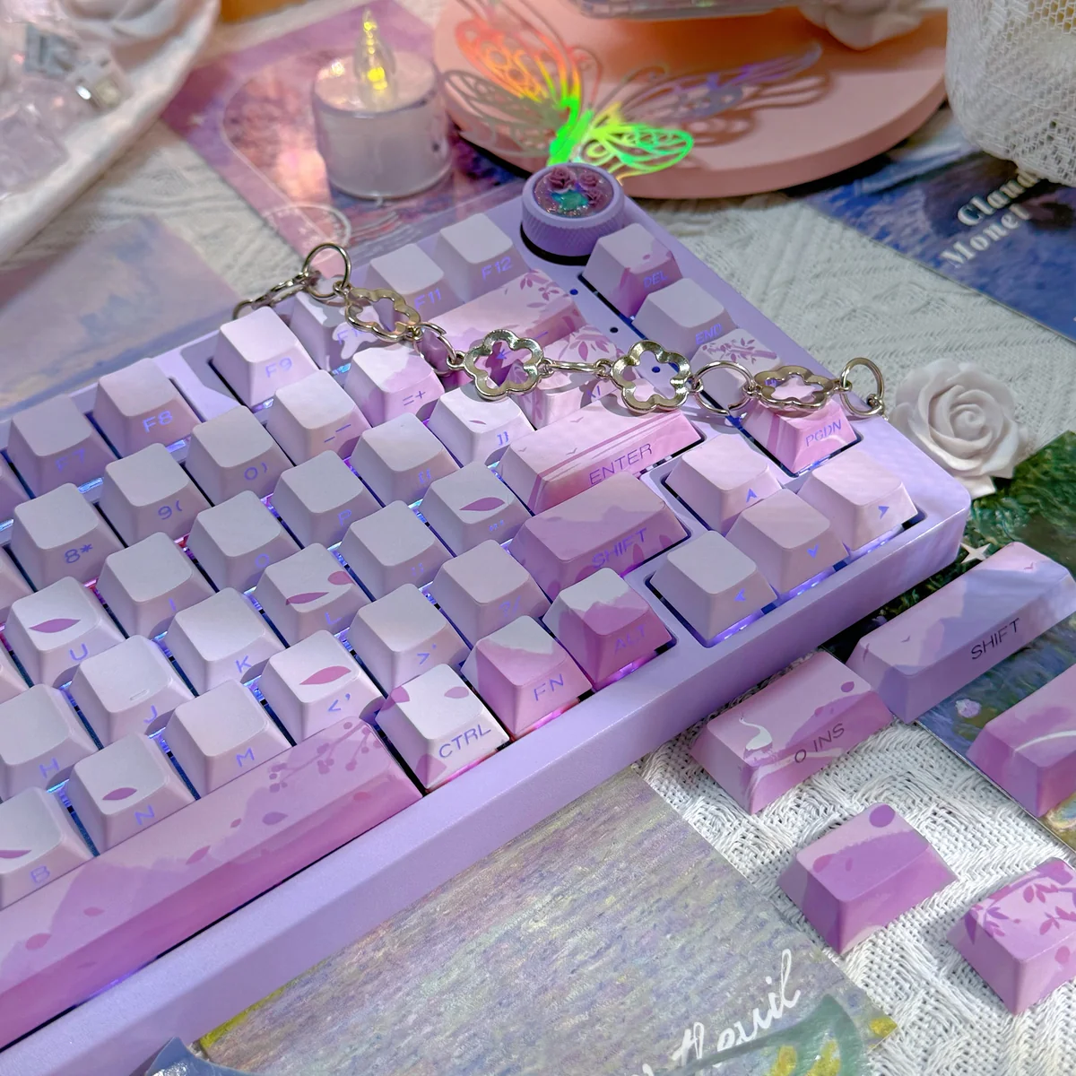 Artistic Ancient Purple Mist Keycaps Set displayed from various angles, revealing the exquisite Ancient Chinese purple mist design with ethereal clouds angles.