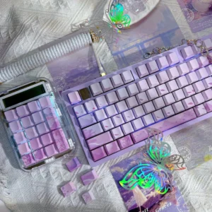 Ancient Purple Keycap Set: exquisite Ancient Chinese purple mist design, ethereal clouds, serene night aesthetics, intricate details in multi-angle views.