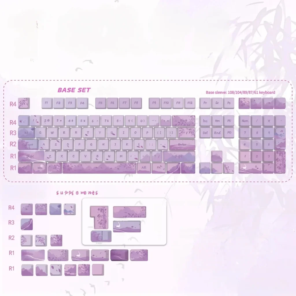 Ancient Purple Keycaps Set displaying the exquisite Ancient Chinese purple mist design, ethereal clouds, and serene night aesthetics across detailed views.
