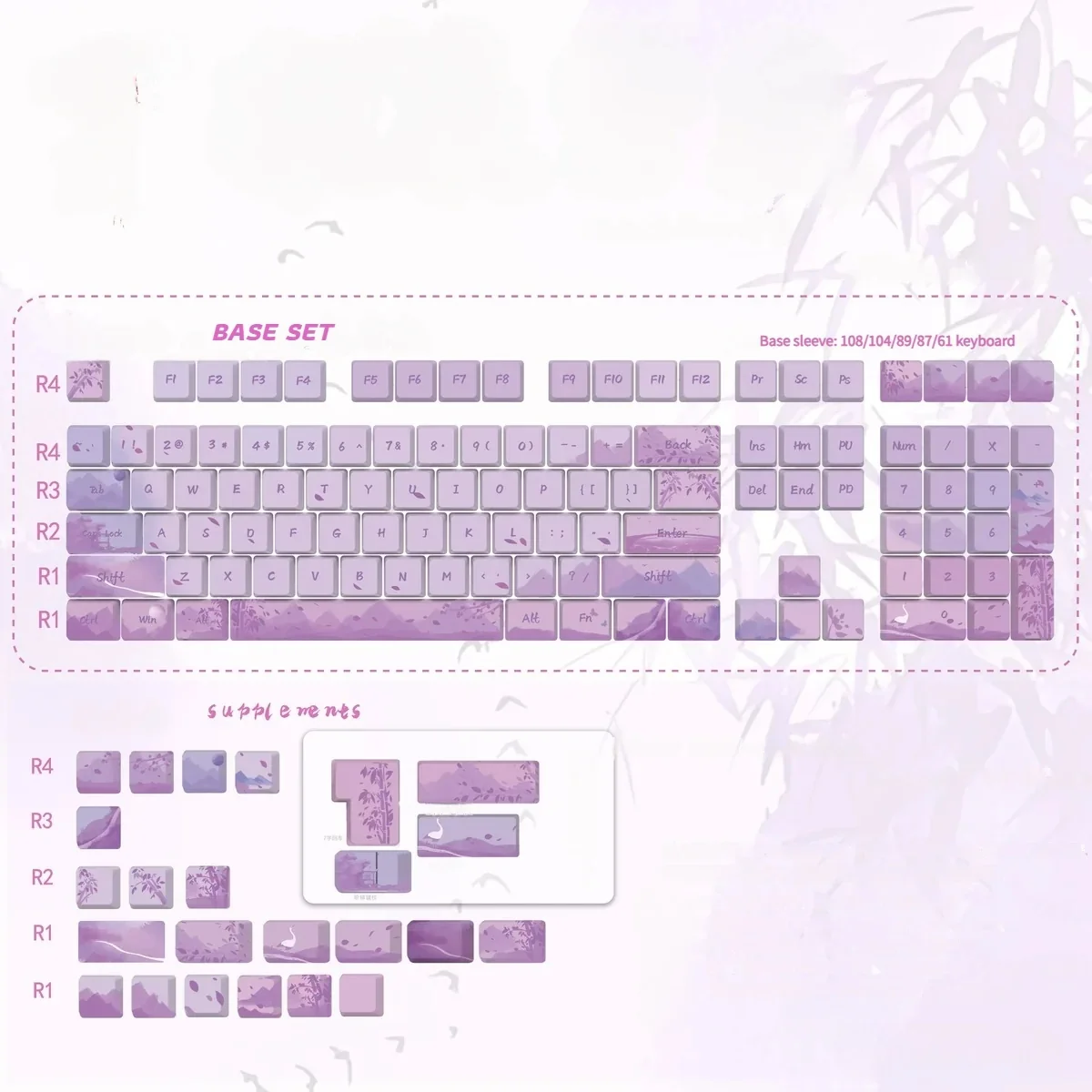 Ancient Purple Keycaps Set displaying the exquisite Ancient Chinese purple mist design, ethereal clouds, and serene night aesthetics across detailed views.