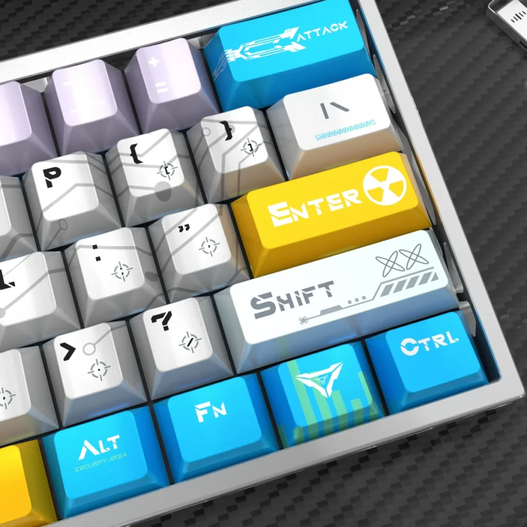 Gallery of Angel Keycaps Set with shimmering pearlescent PBT, revealing intricate celestial motifs and their ethereal glow for magnetic keyboards.