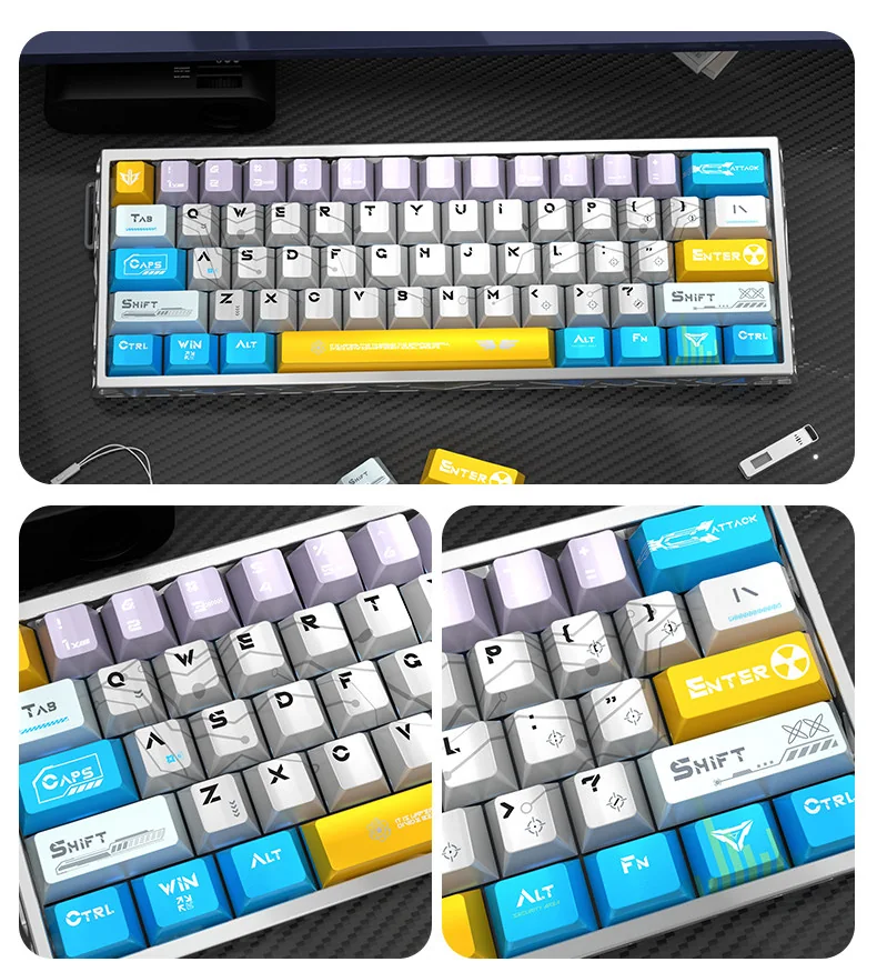 A collection of pearlescent PBT Angel Keycaps Set designed for magnetic keyboards, showcasing their ethereal glow and celestial motifs from various artistic angles.