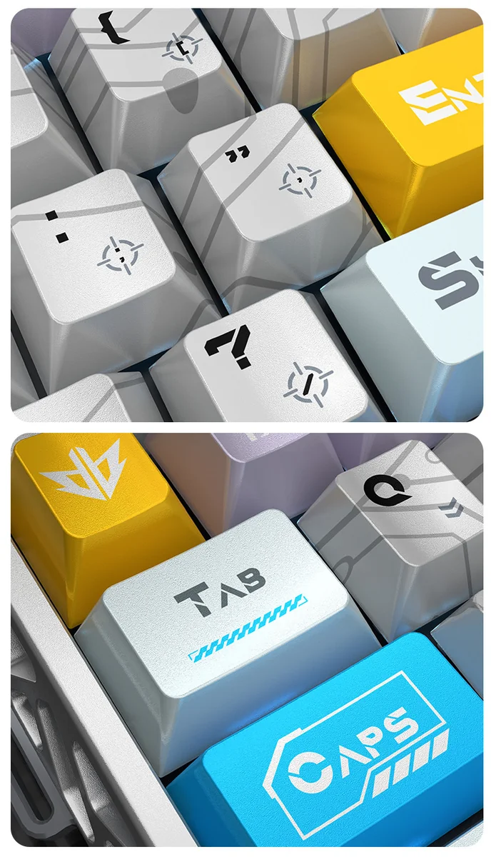 A collection of pearlescent PBT Angel Keycaps Set designed for magnetic keyboards, showcasing their ethereal glow and celestial motifs from various artistic angles.