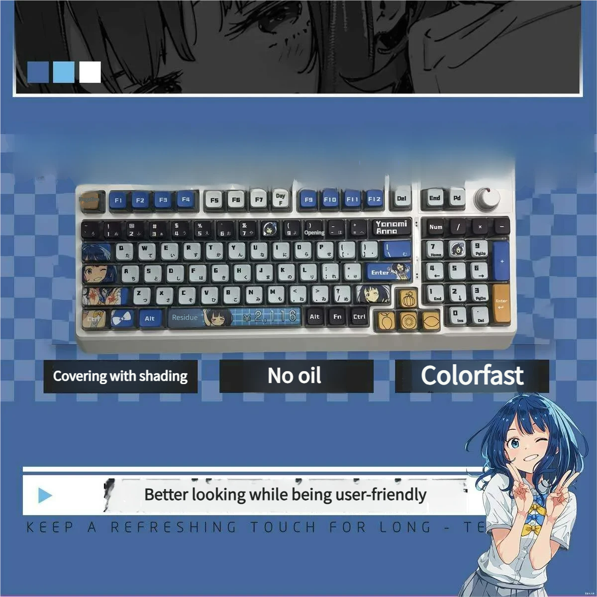 A vibrant side view of the Anna Yanami translucent RGB anime keycaps set, revealing playful character art and the mesmerizing illuminated glow.