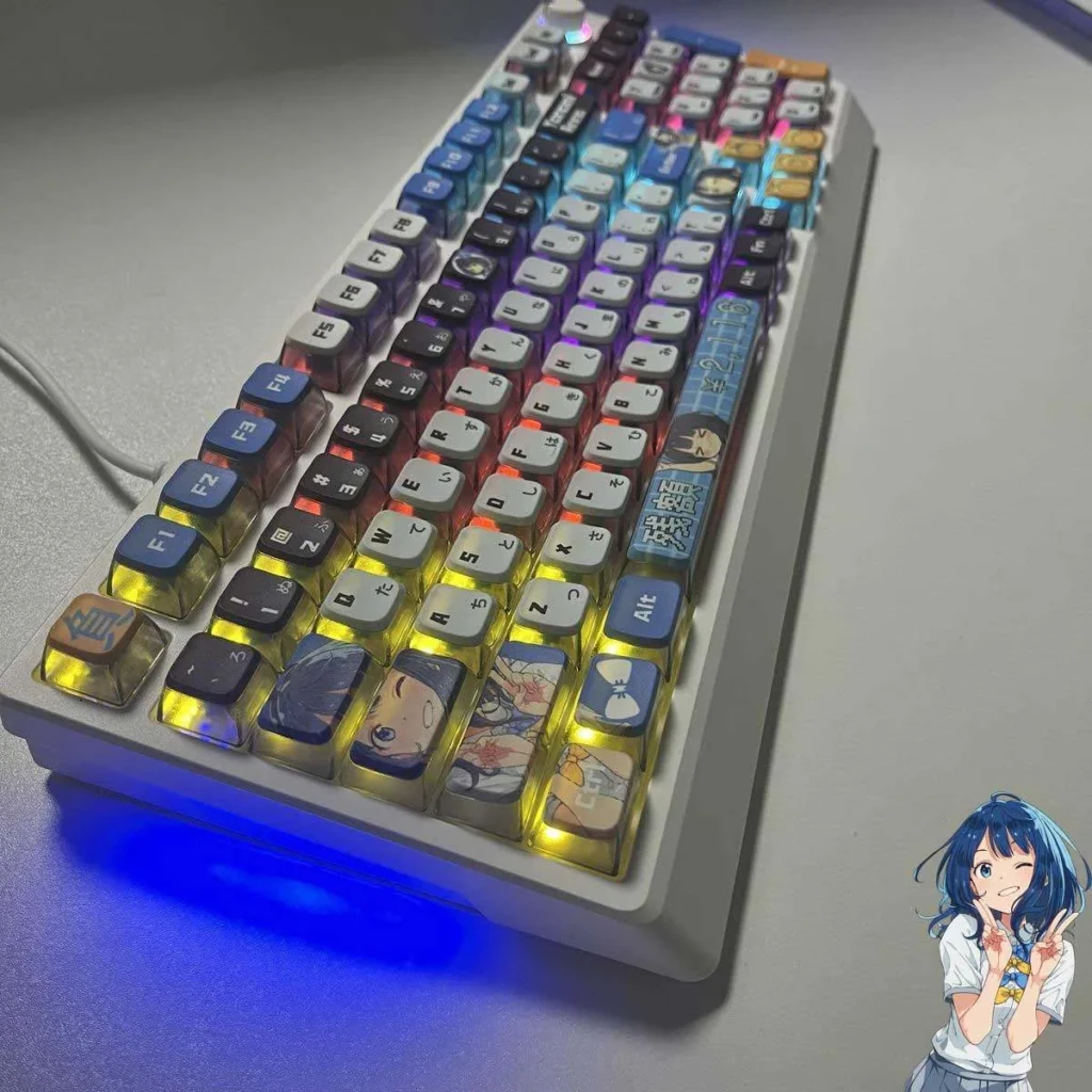 Detailed shot of Anna Yanami translucent RGB anime keycaps set, highlighting vibrant character art and the set's playful illuminated translucency.