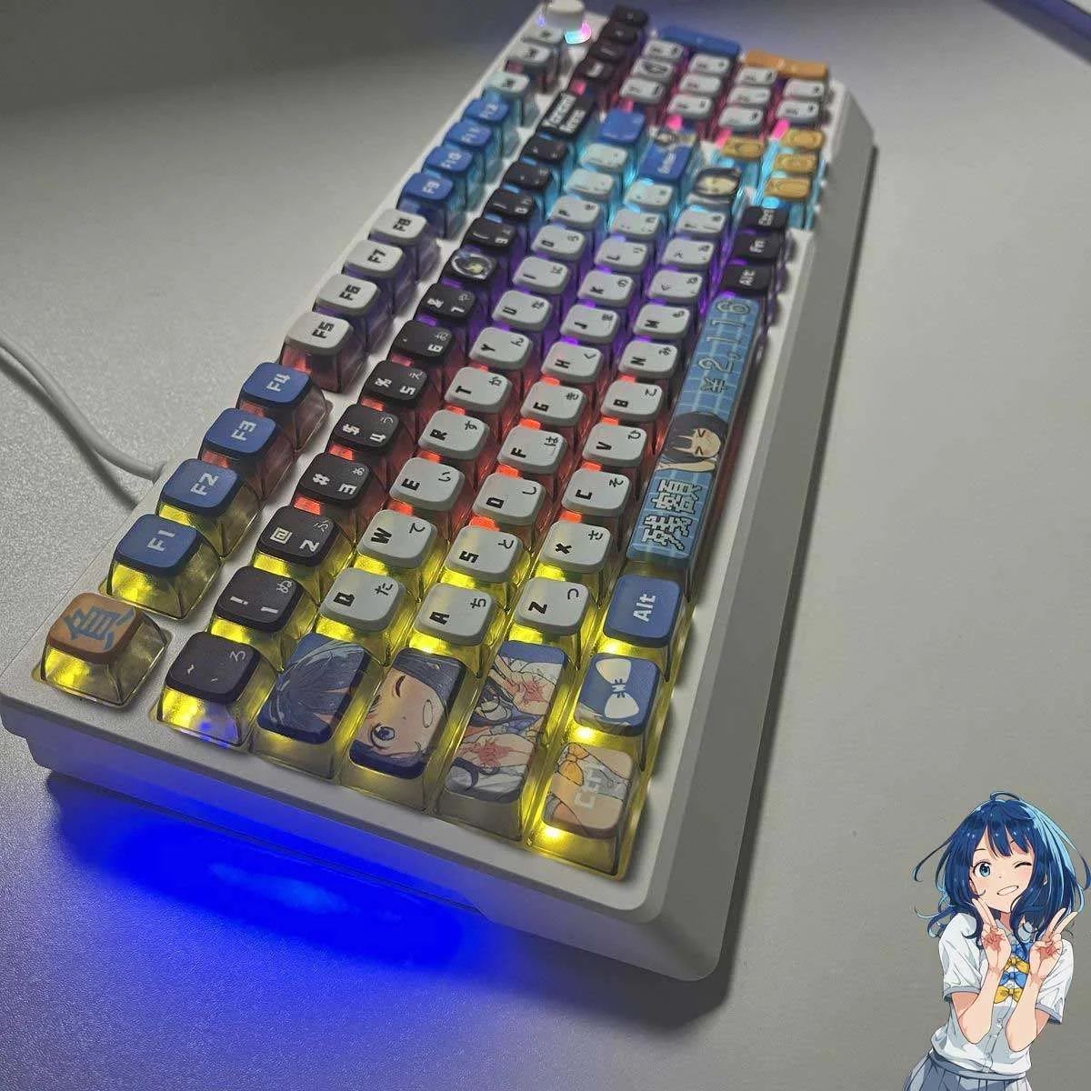 Detailed shot of Anna Yanami translucent RGB anime keycaps set, highlighting vibrant character art and the set's playful illuminated translucency.