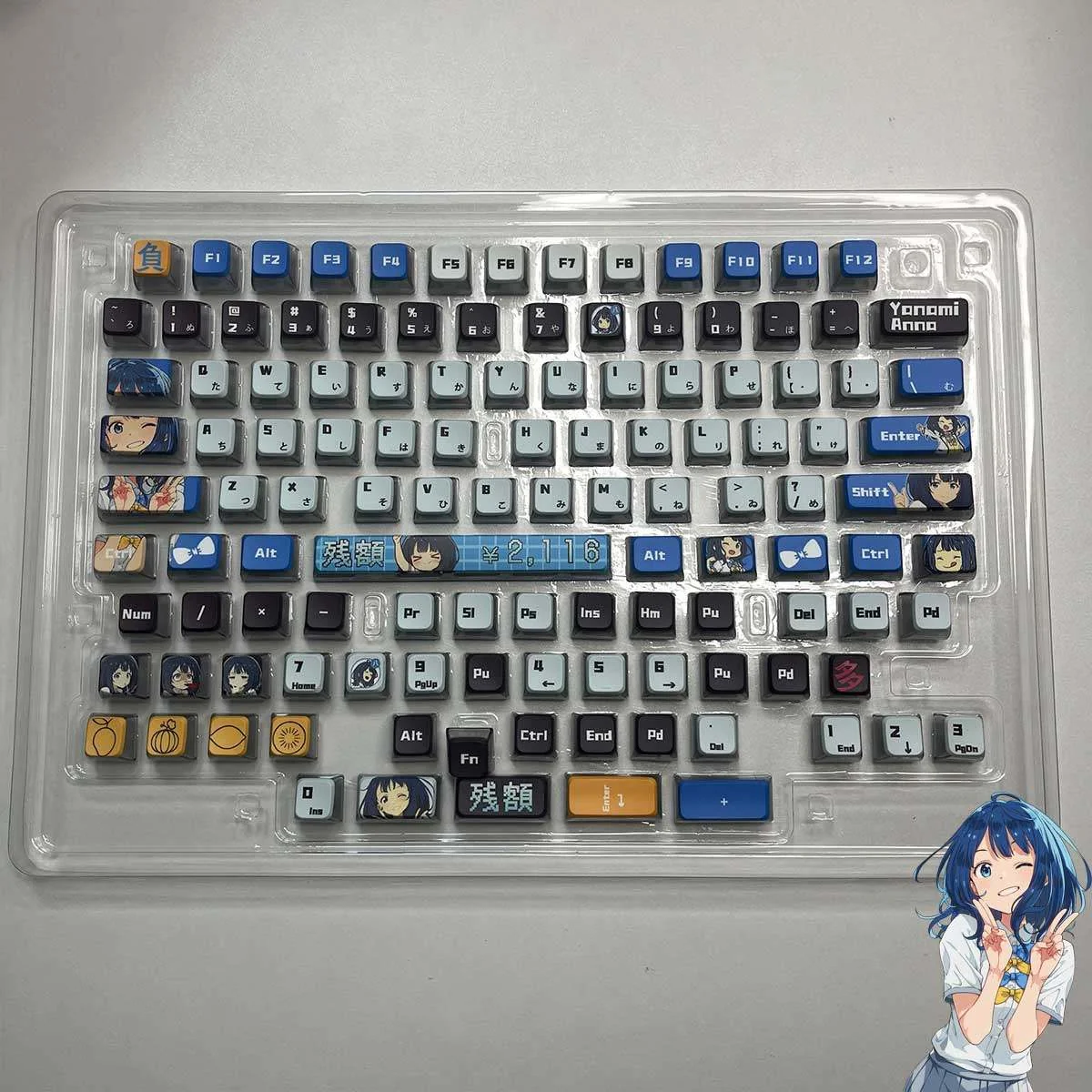 Anna Yanami translucent RGB anime keycaps set, showcasing vibrant character art and illuminated glow from a playful overhead view.