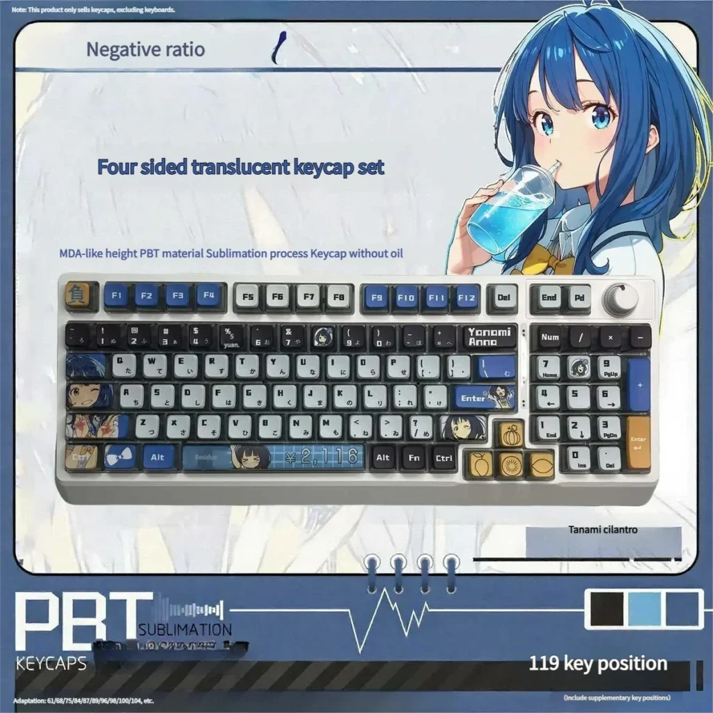 Anna Yanami translucent RGB full keycap set, showcasing vibrant anime art for a playful, illuminated personalized setup.