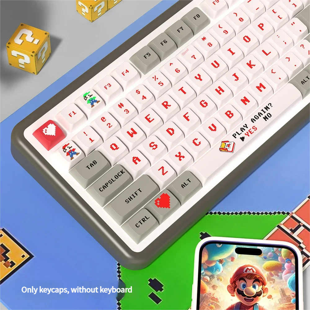 Close-up views of the vibrant Mario Arcade PBT dye-sub keycap set, showcasing iconic pixel art characters and retro arcade elements from various angles.