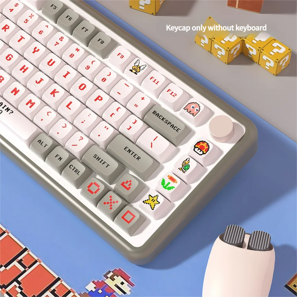 Close-up view of the vibrant Mario Arcade PBT Dye-sub Keycaps Set, showcasing iconic pixel art characters and a playful retro gaming aesthetic.