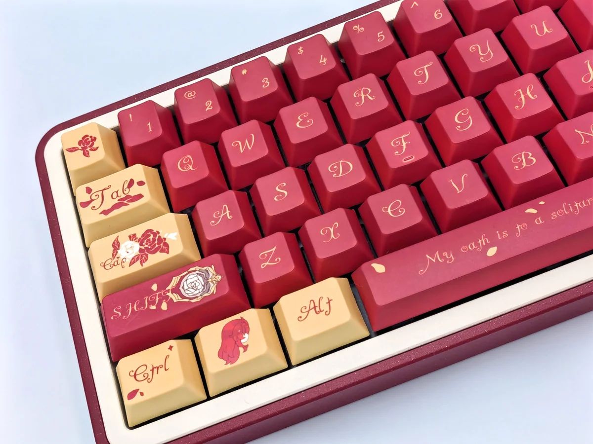 Exclusive Honkai Star Rail Argenti keycaps set from a unique angle, showing the exquisite rose emblem and cosmic knightly motifs on artisan keys.