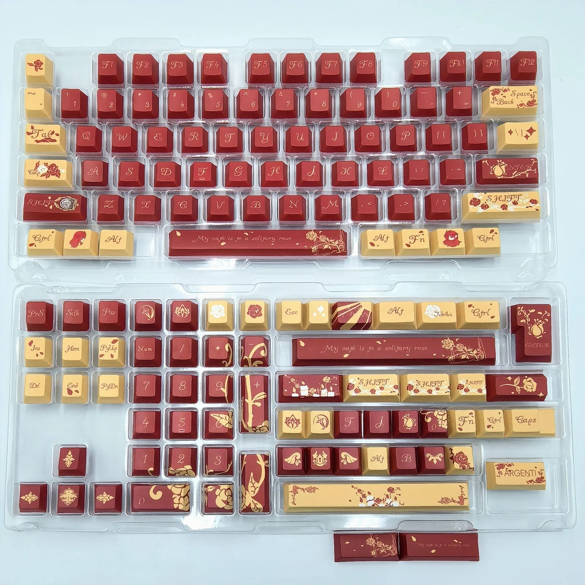 Argenti's Elegance Honkai Star Rail keycaps set, featuring elegant rose and cosmic knight motifs, shown from multiple detailed angles.