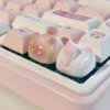 Whimsical handcrafted artisan cat keycaps from all angles, showcasing unique, expressive cat characters in vibrant colors, enhancing desk aesthetics.