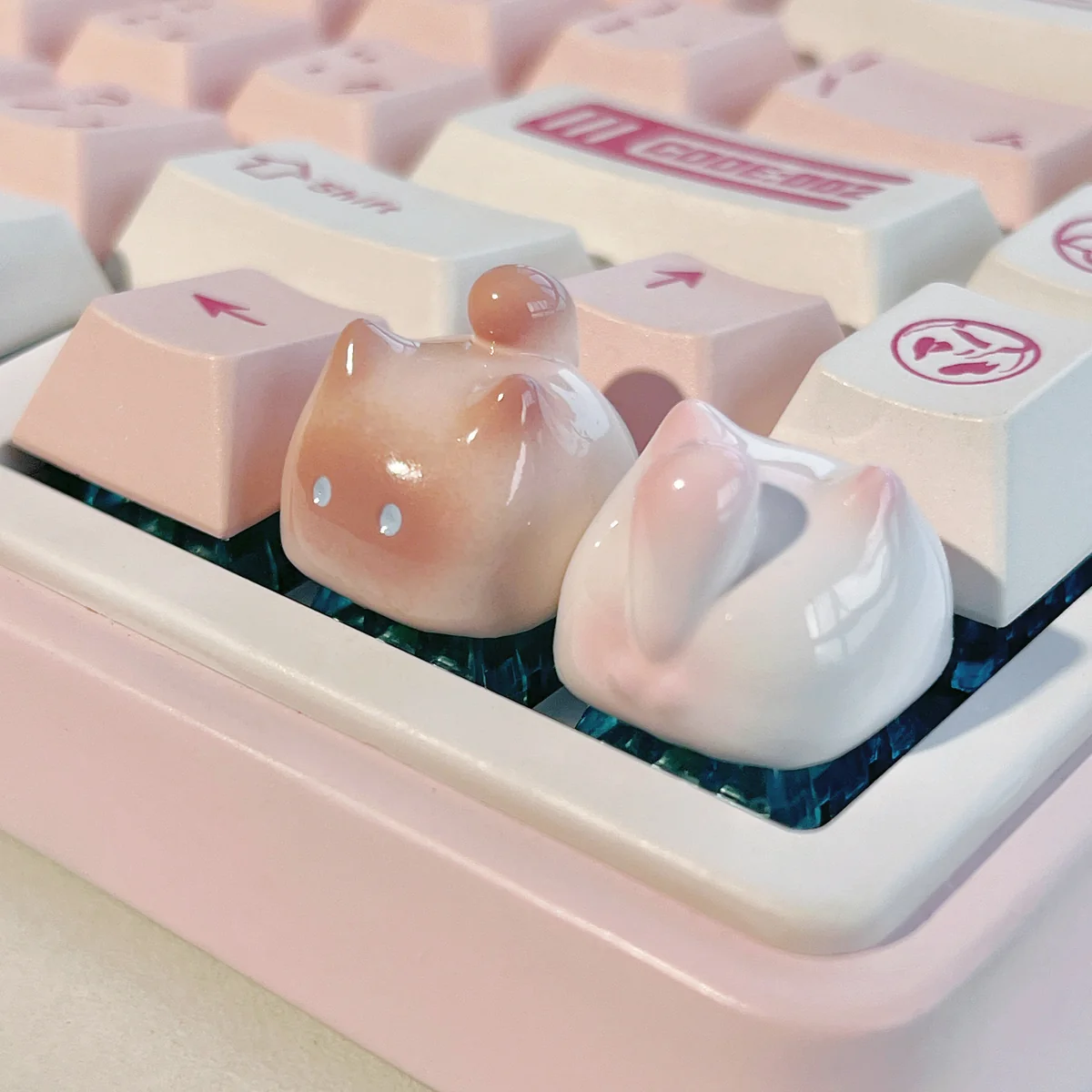 Whimsical handcrafted artisan cat keycaps from all angles, showcasing unique, expressive cat characters in vibrant colors, enhancing desk aesthetics.