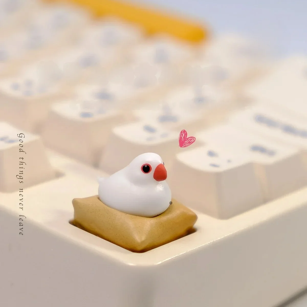 Exquisite handcrafted 3D artisan Java Sparrow keycap from multiple perspectives, revealing its intricate miniature scene with a charming bird on a textured mat.