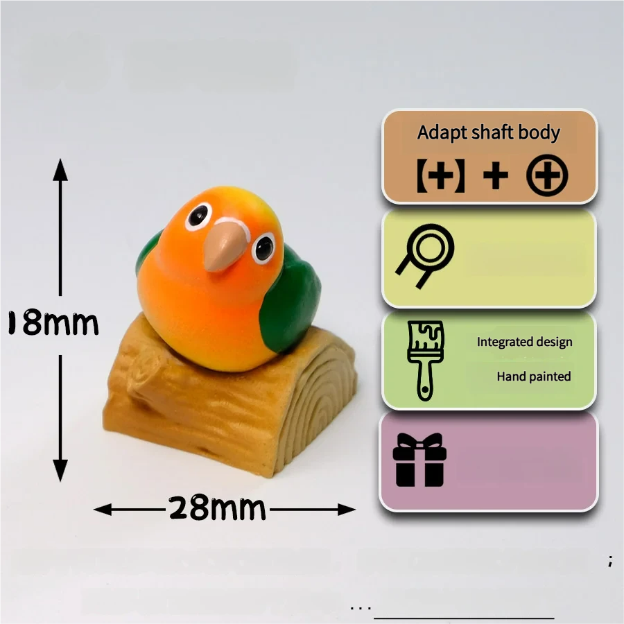 Vibrant hand-sculpted 3D artisan keycap showcasing a colorful parrot and intricate design from multiple artistic angles.