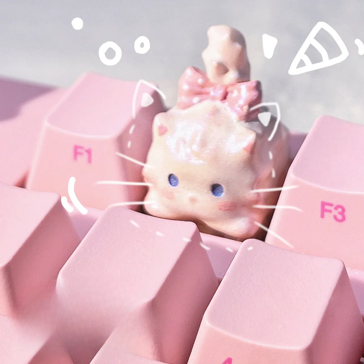 Whimsical fluffy cat artisan keycap, a unique charm, showcasing intricate details from various angles in warm white tones.