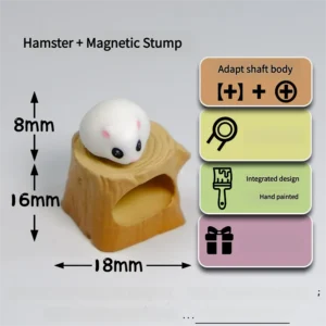 Magnetic hamster stump artisan keycap showcasing the adorable, handmade hamster peeking from its cozy woodland log.Detachable magnetic hamster artisan.