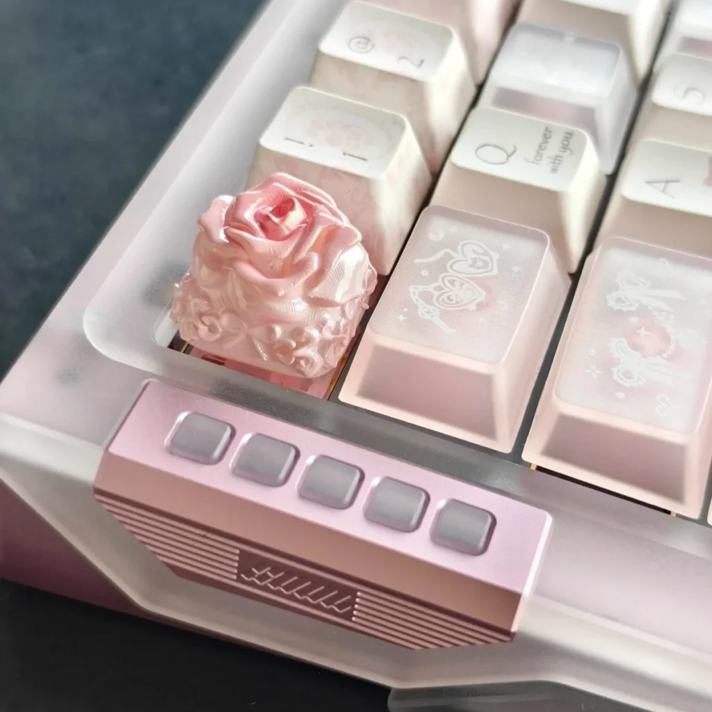 Exquisite handcrafted rose artisan keycaps from multiple angles, featuring delicate resin roses in clear and tinted resin, evoking a romantic garden.