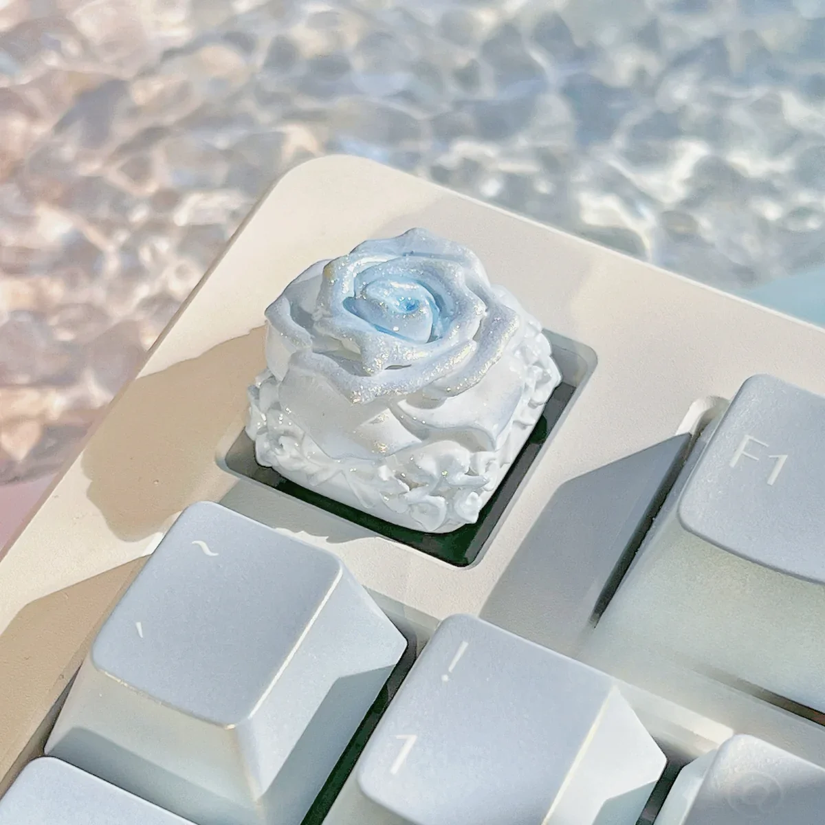 Exquisite handcrafted rose artisan keycaps for mechanical keyboards, showcasing delicate resin roses from multiple artistic angles.