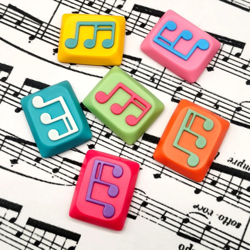 Artistic close-up views of a handcrafted Musical Note Low Shaft Keycaps with a fluid music note, emphasizing its unique design and quality.