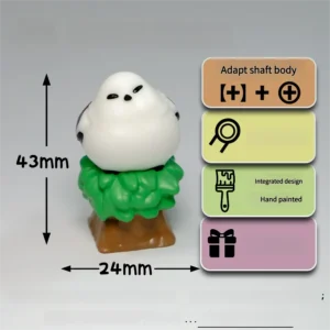 A charming, handcrafted 3D titmouse Squint Eye Bushtit artisan keycap. This whimsical artisan keycap features a playful tiny bird nestled in lush miniature foliage.