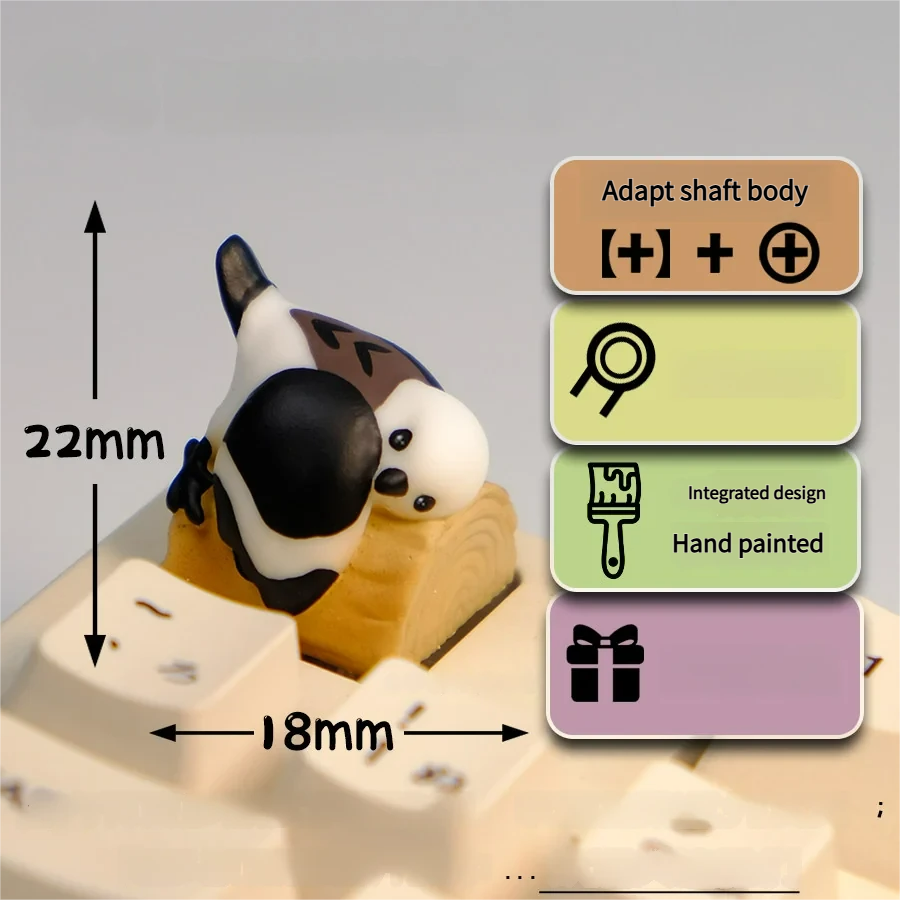 Whimsical handcrafted artisan Bushtit keycap featuring an adorable titmouse bird playfully hugging a rustic wood log.