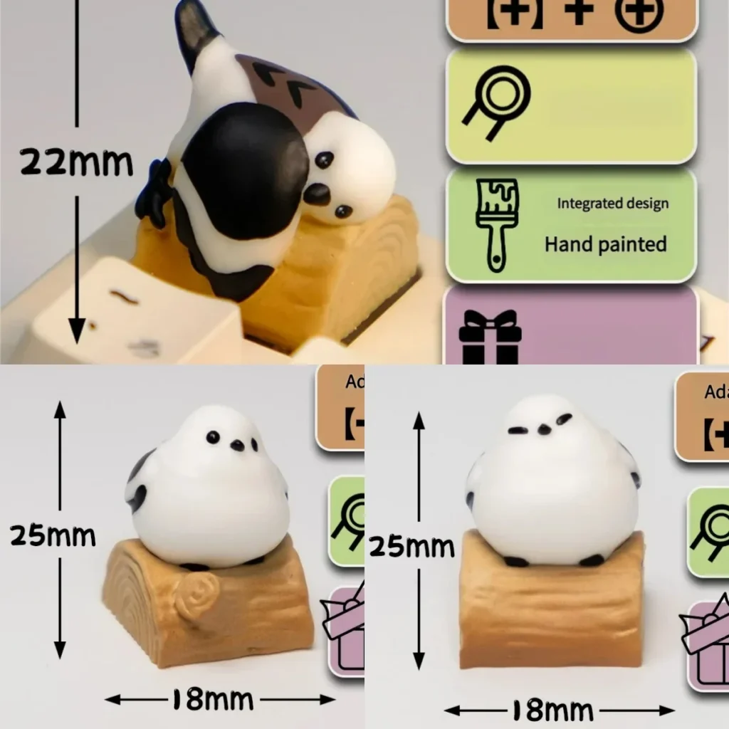 Whimsical handmade artisan Bushtit keycap featuring an adorable 3D sculpted forest bird perched charmingly on a rustic log.