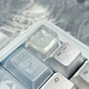 An ethereal translucent artisan snowflake keycap, handcrafted from resin, shown from various angles, glowing softly like winter's first snow.
