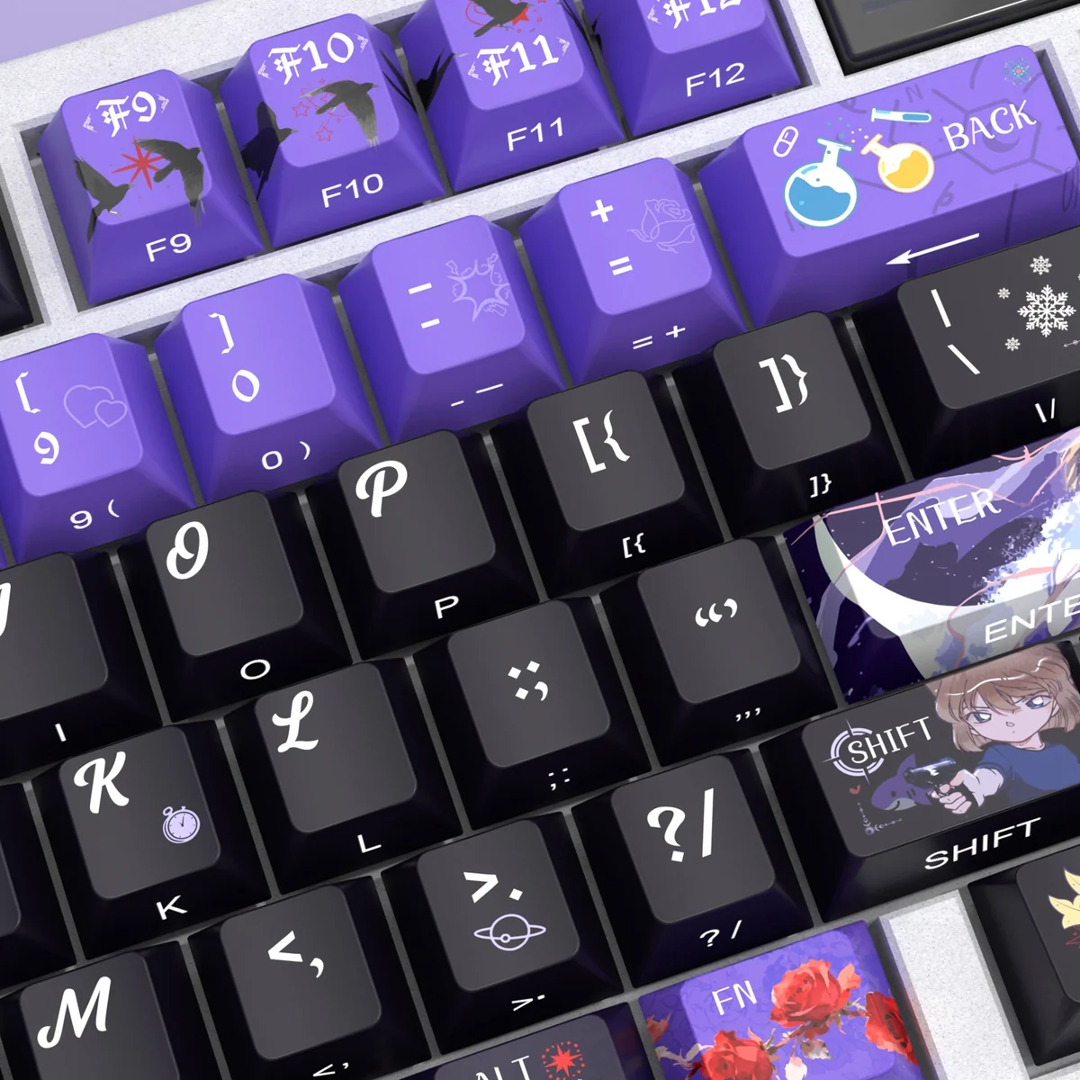 Detailed images of exclusive Haibara Ai side-printed PBT keycaps set, showcasing the enigmatic character art, vibrant backlighting, and subtle legends.