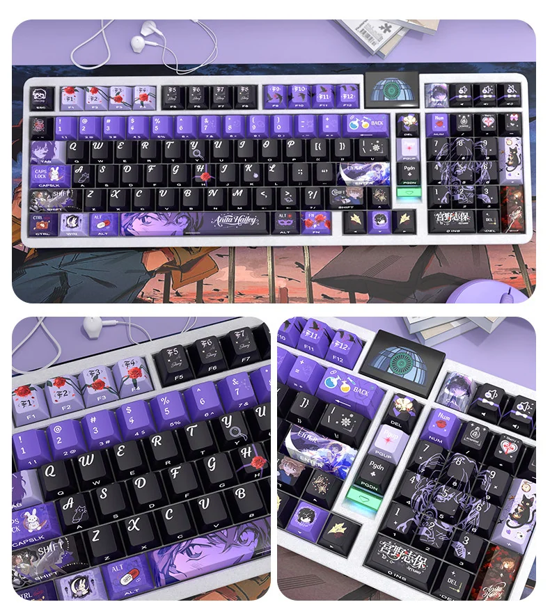 A collection of exclusive Haibara Ai side-printed PBT keycaps set, showcasing enigmatic character art, vibrant backlighting, and subtle legends from multiple angles.