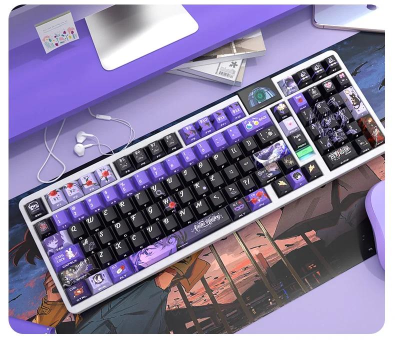 Exclusive Haibara Ai side-printed PBT keycap set, displaying enigmatic character art with subtle legends and vibrant backlighting for a premium aesthetic.