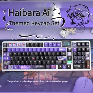Exclusive Haibara Ai side-printed PBT keycaps set featuring enigmatic character art and vibrant backlighting, showcasing their premium quality.