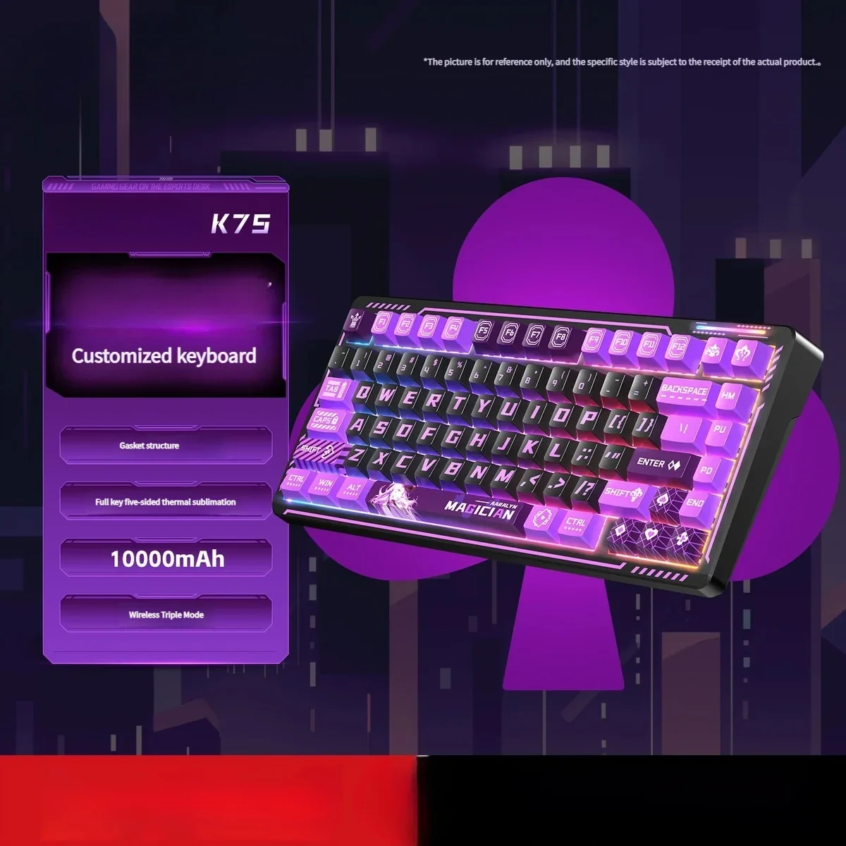 K75 Tri-Mode Mechanical Gaming Keyboard gallery showing vibrant RGB lighting, unique character keycaps, and custom. Kailh switches. Premium artistic de