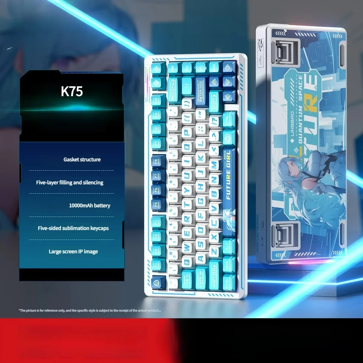 Aivia K75 Tri-Mode Mechanical Gaming Keyboard showcasing Smoke Purple Kailh switches, vibrant RGB, and 10000mAh power.