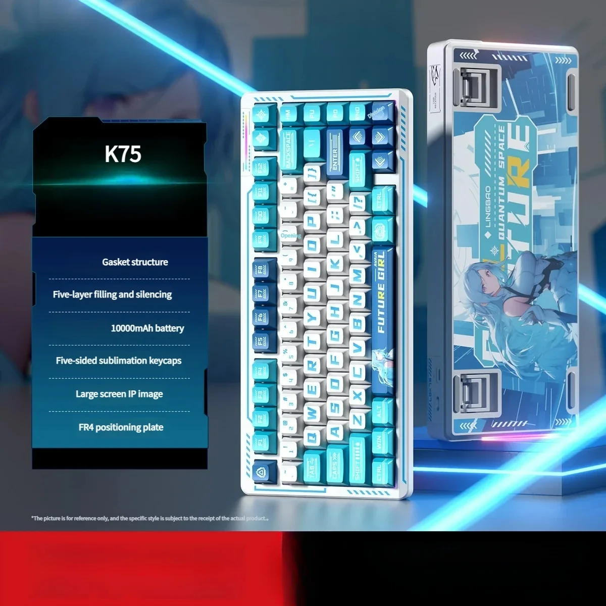 K75 Tri-Mode Mechanical Gaming Keyboard with vibrant RGB, custom Avia character keycaps, and unique floral switches on a premium FR4 plate.