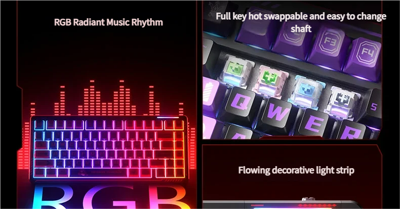 K75 Tri-Mode Mechanical Gaming Keyboard custom art gallery. Views reveal vibrant RGB, unique character keycaps, and custom Kailh switches.