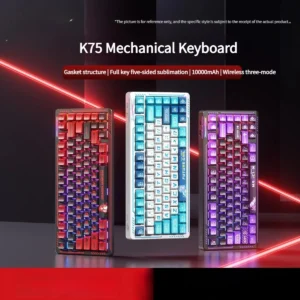 K75 Tri-Mode Mechanical Gaming Keyboard, custom art keycaps with unique characters, vibrant RGB, custom Kailh switches, and 10000mAh battery.