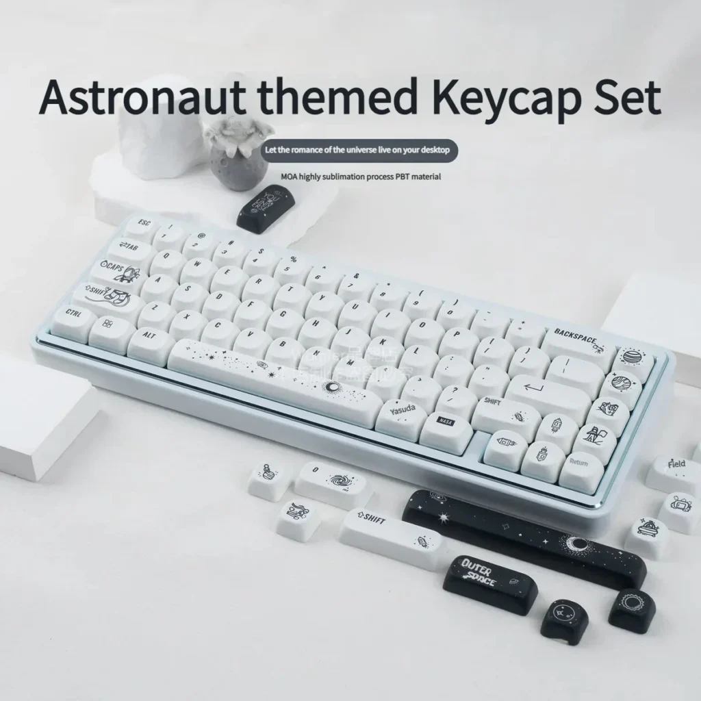 Astronaut PBT MOA keycap set showcasing ergonomic MOA profile and captivating cosmic artistry with stylized astronauts.