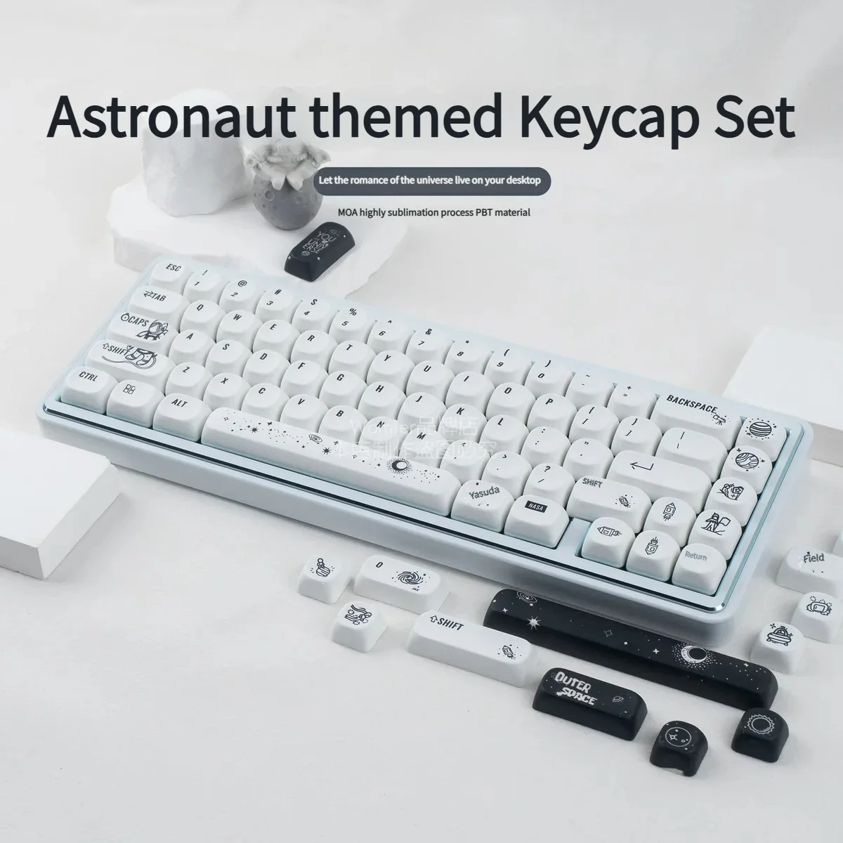 Astronaut PBT MOA keycap set showcasing ergonomic MOA profile and captivating cosmic artistry with stylized astronauts.