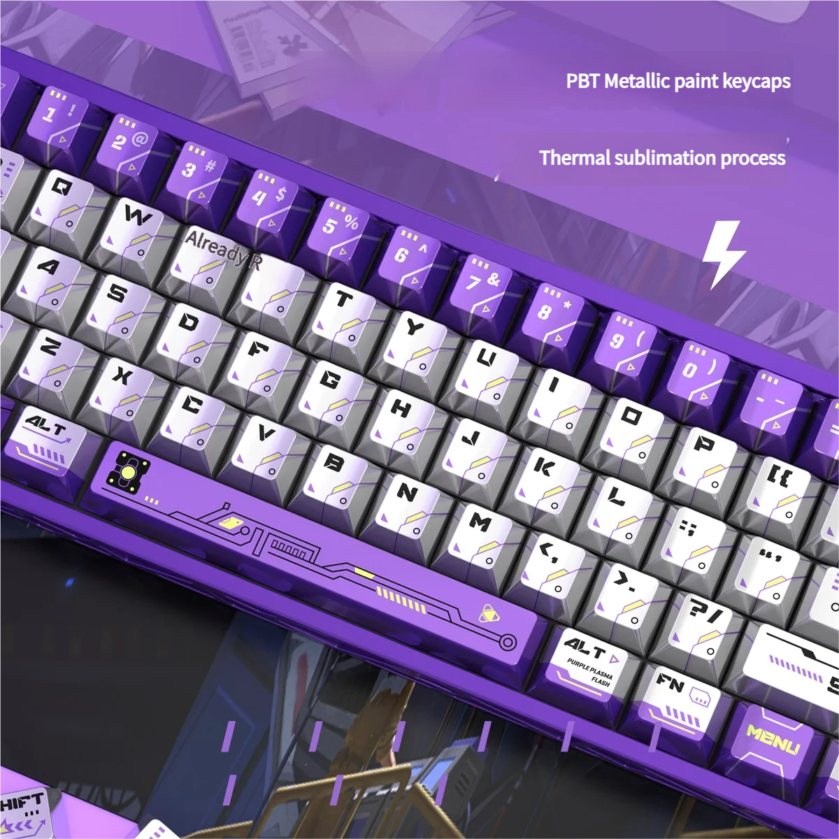 Aurora Keycaps Set gallery. Vibrant pearlescent metallic set with shimmering cosmic purples and blues, featuring a futuristic high-gloss aurora finish.