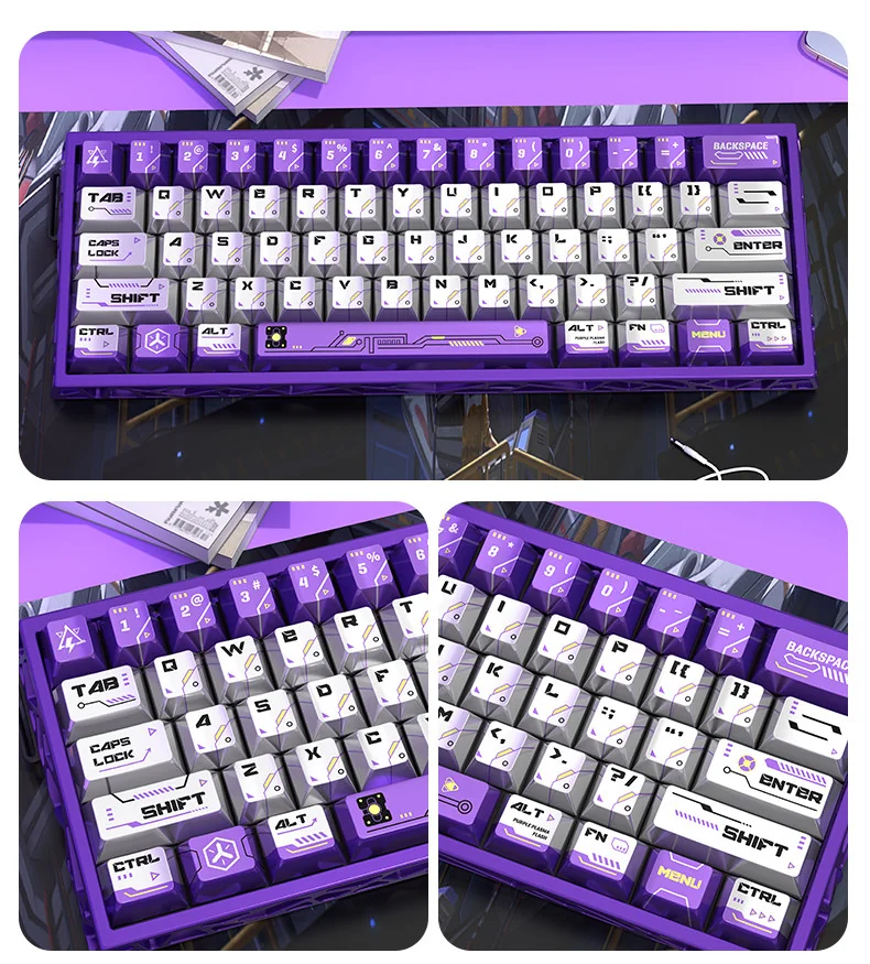 Aurora Keycaps Set: A vibrant pearlescent metallic set showcasing cosmic purples and blues with a futuristic high-gloss finish.