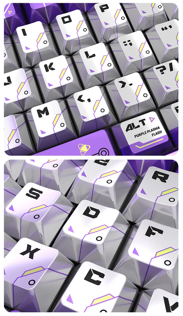 Dynamic cosmic Aurora Keycaps Set, a pearlescent metallic set shimmering with purples and blues from various angles, highlighting its futuristic high-gloss.