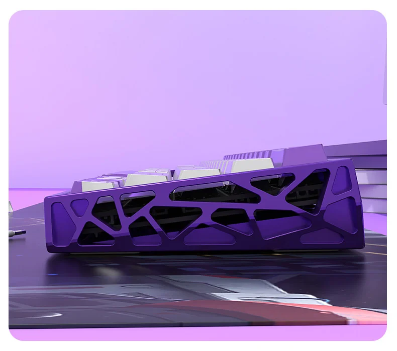 Vibrant electric purple and blue Aurora Keycaps set shimmer with a pearlescent metallic finish, embodying a dynamic cosmic aurora theme.