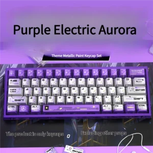 Vibrant Pearlescent Metallic Aurora Keycaps set, showcasing shimmering cosmic purples and blues with a futuristic high-gloss finish.